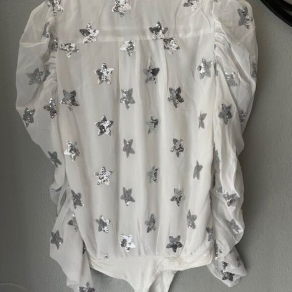 BuddyLove Womens Sequin Star Top White Puffy Long Sleeve Fashion Elegant outfit - Picture 14 of 16